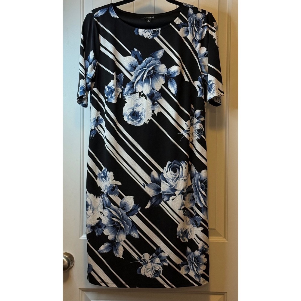 ✨Roz & Ali Women Black Blue Floral Stripe Short Sleeve Knee Length Dress Size M - Picture 3 of 8